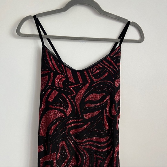 Y2K Black Red Glitter Party Dress Spaghetti Strap Asymmetrical Hem Dress - Picture 4 of 16